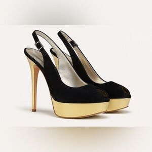 Sam Edelman Black Suede & Gold Slingback Platform Heels – Size 8